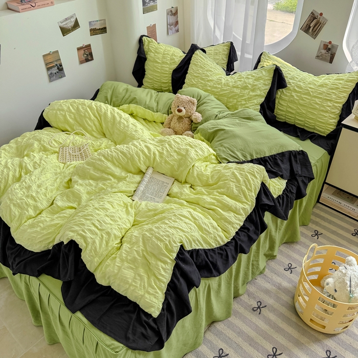 91家纺网 家纺一手货源 找家纺 优卡迪家纺馆 2025新款亲肤舒适A类法式泡泡纱花边款四件套 青柠蜜瓜