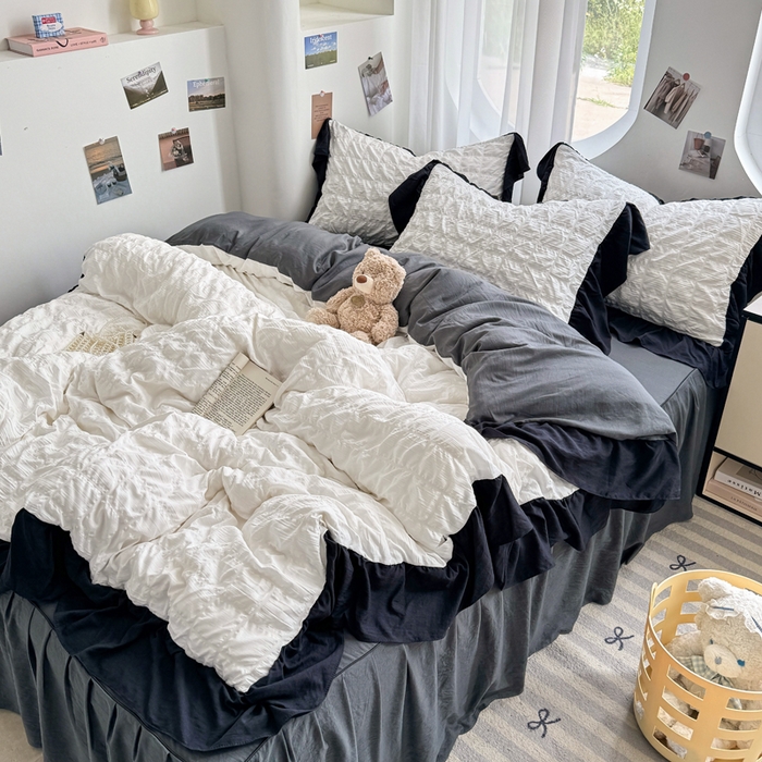 91家纺网 家纺一手货源 找家纺 优卡迪家纺馆 2025新款亲肤舒适A类法式泡泡纱花边款四件套 茉莉奶昔