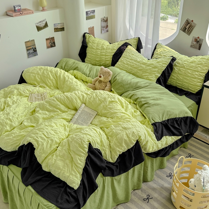 91家纺网 家纺一手货源 找家纺 优卡迪家纺馆 2025新款亲肤舒适A类法式泡泡纱花边款四件套 青柠蜜瓜