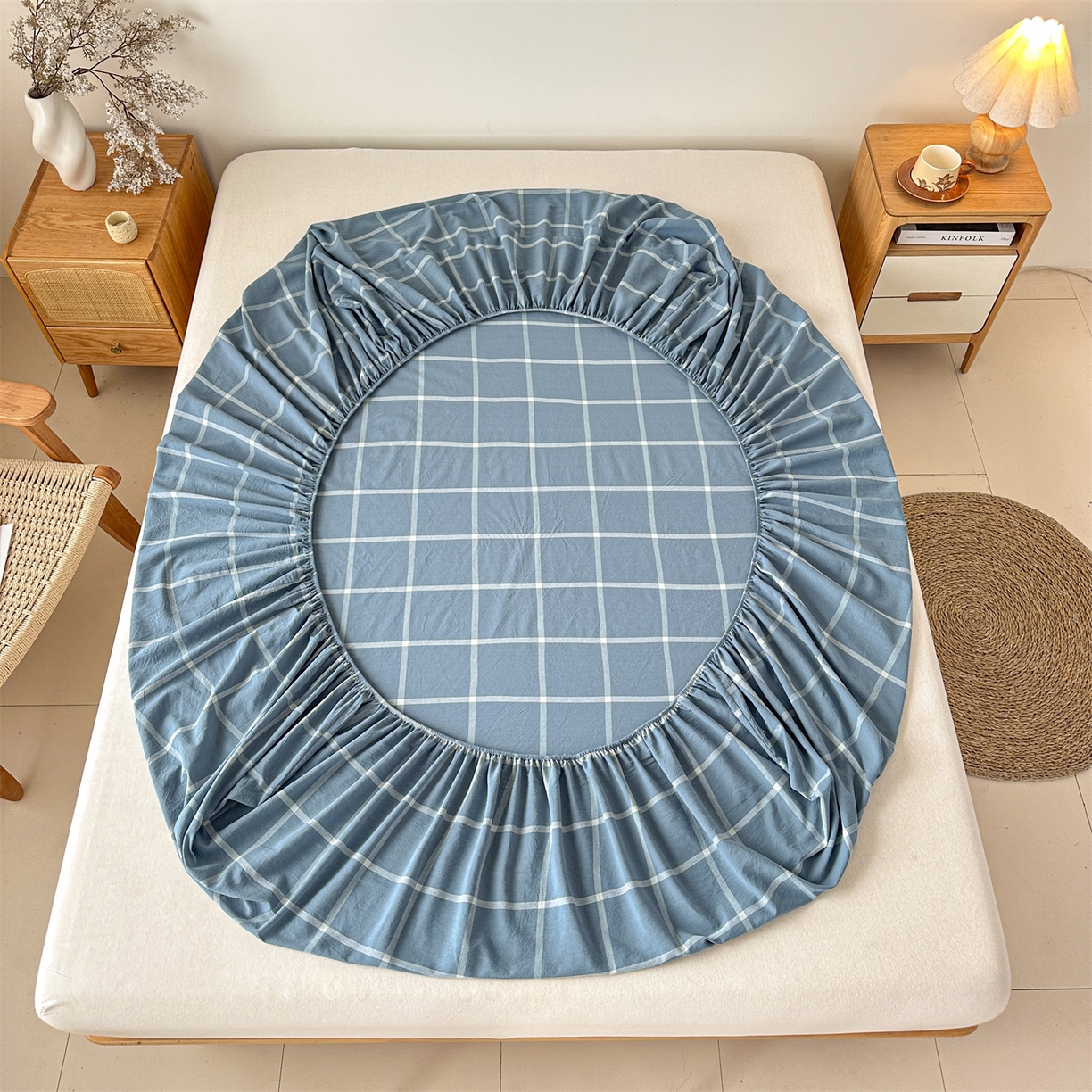 91家纺网 家纺一手货源 找家纺 盛秋家纺 2025新款A类水洗棉格子印花床笠单品床笠单件单床笠 灰大格