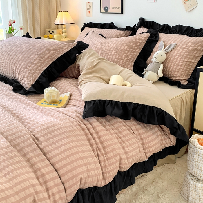 91家纺网 家纺一手货源 找家纺 优卡迪家纺馆 2025新款亲肤舒适A类法式泡泡纱花边款四件套 生椰拿铁