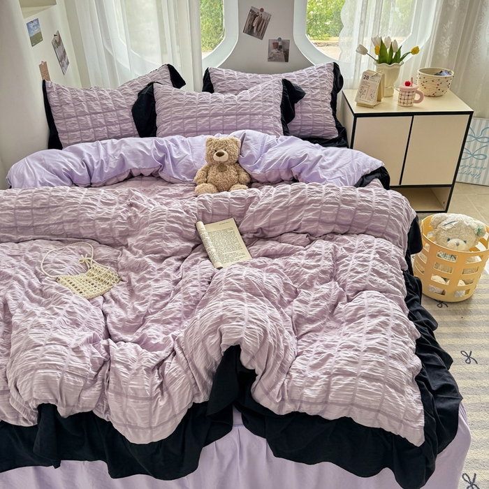 91家纺网 家纺一手货源 找家纺 优卡迪家纺馆 2025新款亲肤舒适A类法式泡泡纱花边款四件套 香芋紫薯