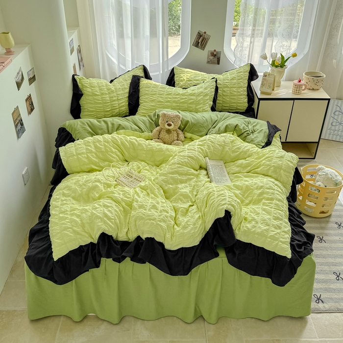 91家纺网 家纺一手货源 找家纺 优卡迪家纺馆 2025新款亲肤舒适A类法式泡泡纱花边款四件套 青柠蜜瓜