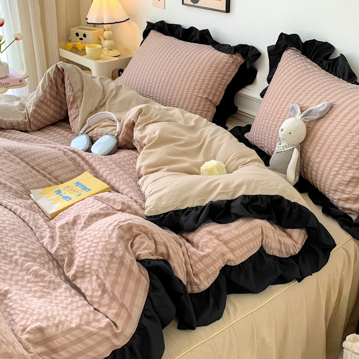 91家纺网 家纺一手货源 找家纺 优卡迪家纺馆 2025新款亲肤舒适A类法式泡泡纱花边款四件套 生椰拿铁