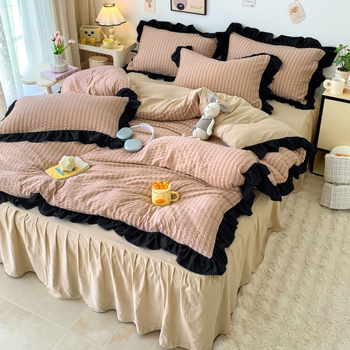 91家纺网 家纺一手货源 找家纺 优卡迪家纺馆 2025新款亲肤舒适A类法式泡泡纱花边款四件套 生椰拿铁