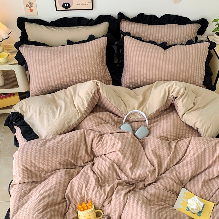 91家纺网 家纺一手货源 找家纺 优卡迪家纺馆 2025新款亲肤舒适A类法式泡泡纱花边款四件套 生椰拿铁