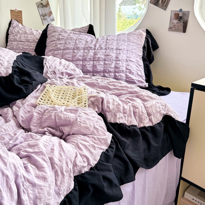 91家纺网 家纺一手货源 找家纺 优卡迪家纺馆 2025新款亲肤舒适A类法式泡泡纱花边款四件套 香芋紫薯