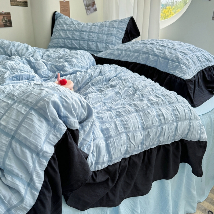 91家纺网 家纺一手货源 找家纺 优卡迪家纺馆 2025新款亲肤舒适A类法式泡泡纱花边款四件套 蓝莓仙草