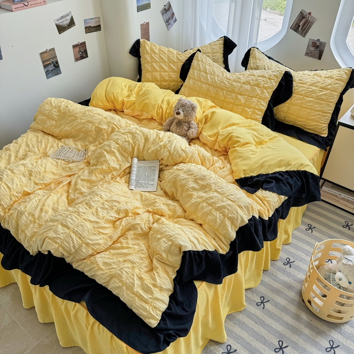 91家纺网 家纺一手货源 找家纺 优卡迪家纺馆 2025新款亲肤舒适A类法式泡泡纱花边款四件套 魔芋橙汁