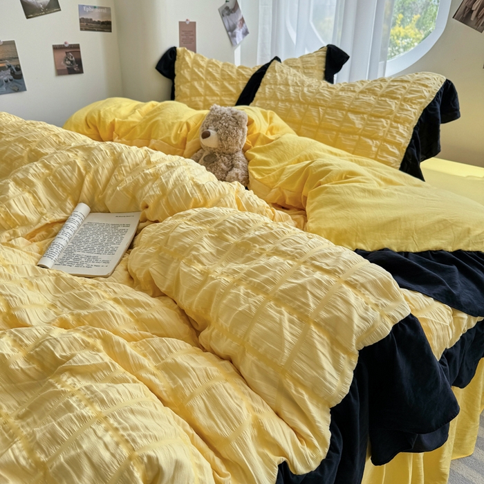 91家纺网 家纺一手货源 找家纺 优卡迪家纺馆 2025新款亲肤舒适A类法式泡泡纱花边款四件套 魔芋橙汁