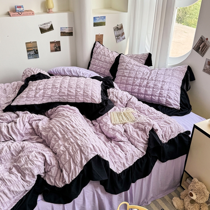 91家纺网 家纺一手货源 找家纺 优卡迪家纺馆 2025新款亲肤舒适A类法式泡泡纱花边款四件套 香芋紫薯