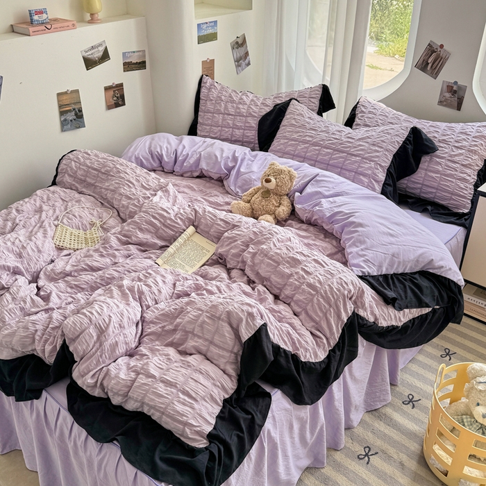 91家纺网 家纺一手货源 找家纺 优卡迪家纺馆 2025新款亲肤舒适A类法式泡泡纱花边款四件套 香芋紫薯