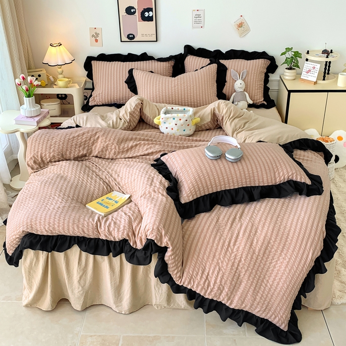 91家纺网 家纺一手货源 找家纺 优卡迪家纺馆 2025新款亲肤舒适A类法式泡泡纱花边款四件套 生椰拿铁