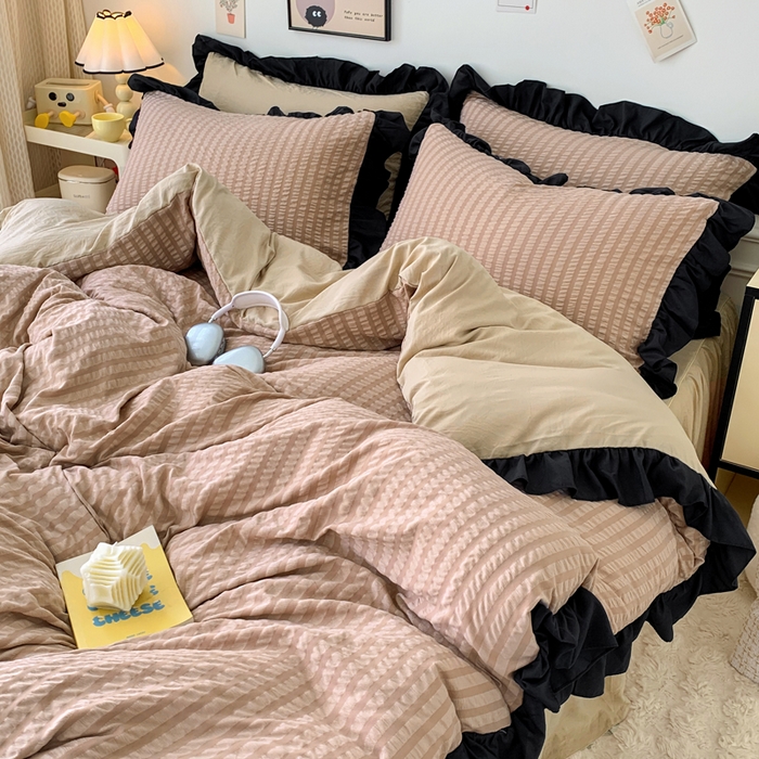 91家纺网 家纺一手货源 找家纺 优卡迪家纺馆 2025新款亲肤舒适A类法式泡泡纱花边款四件套 生椰拿铁