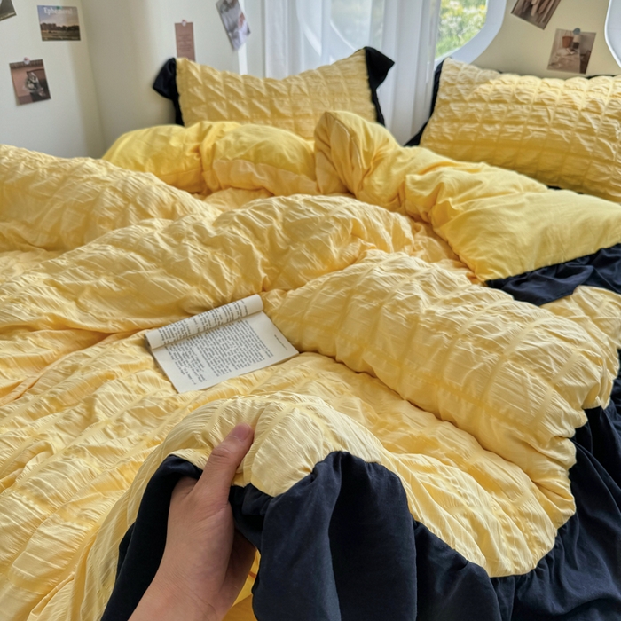 91家纺网 家纺一手货源 找家纺 优卡迪家纺馆 2025新款亲肤舒适A类法式泡泡纱花边款四件套 魔芋橙汁