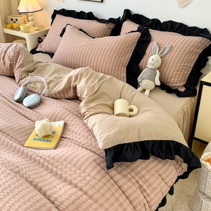 91家纺网 家纺一手货源 找家纺 优卡迪家纺馆 2025新款亲肤舒适A类法式泡泡纱花边款四件套 生椰拿铁