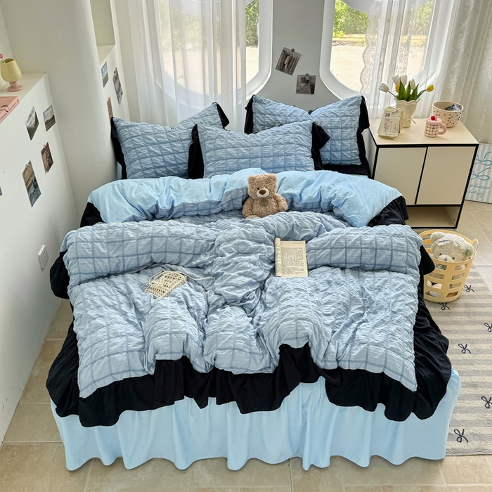 91家纺网 家纺一手货源 找家纺 优卡迪家纺馆 2025新款亲肤舒适A类法式泡泡纱花边款四件套 蓝莓仙草