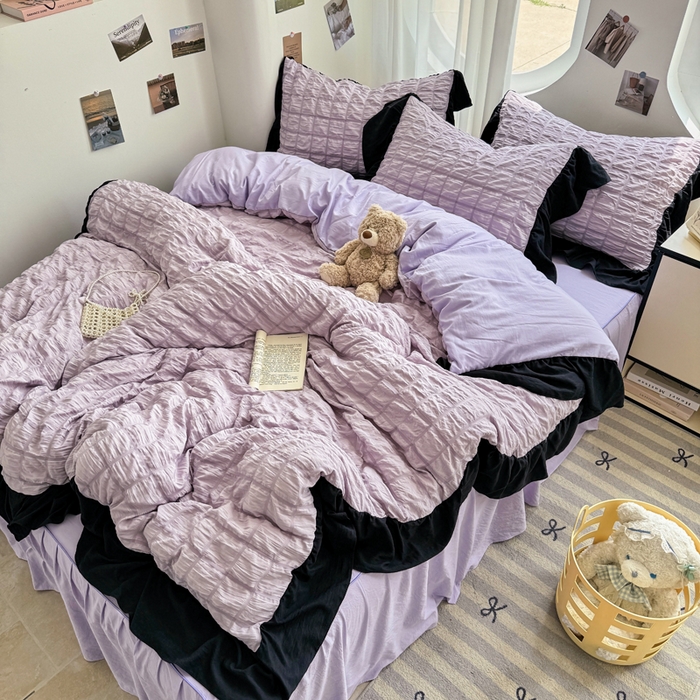 91家纺网 家纺一手货源 找家纺 优卡迪家纺馆 2025新款亲肤舒适A类法式泡泡纱花边款四件套 香芋紫薯