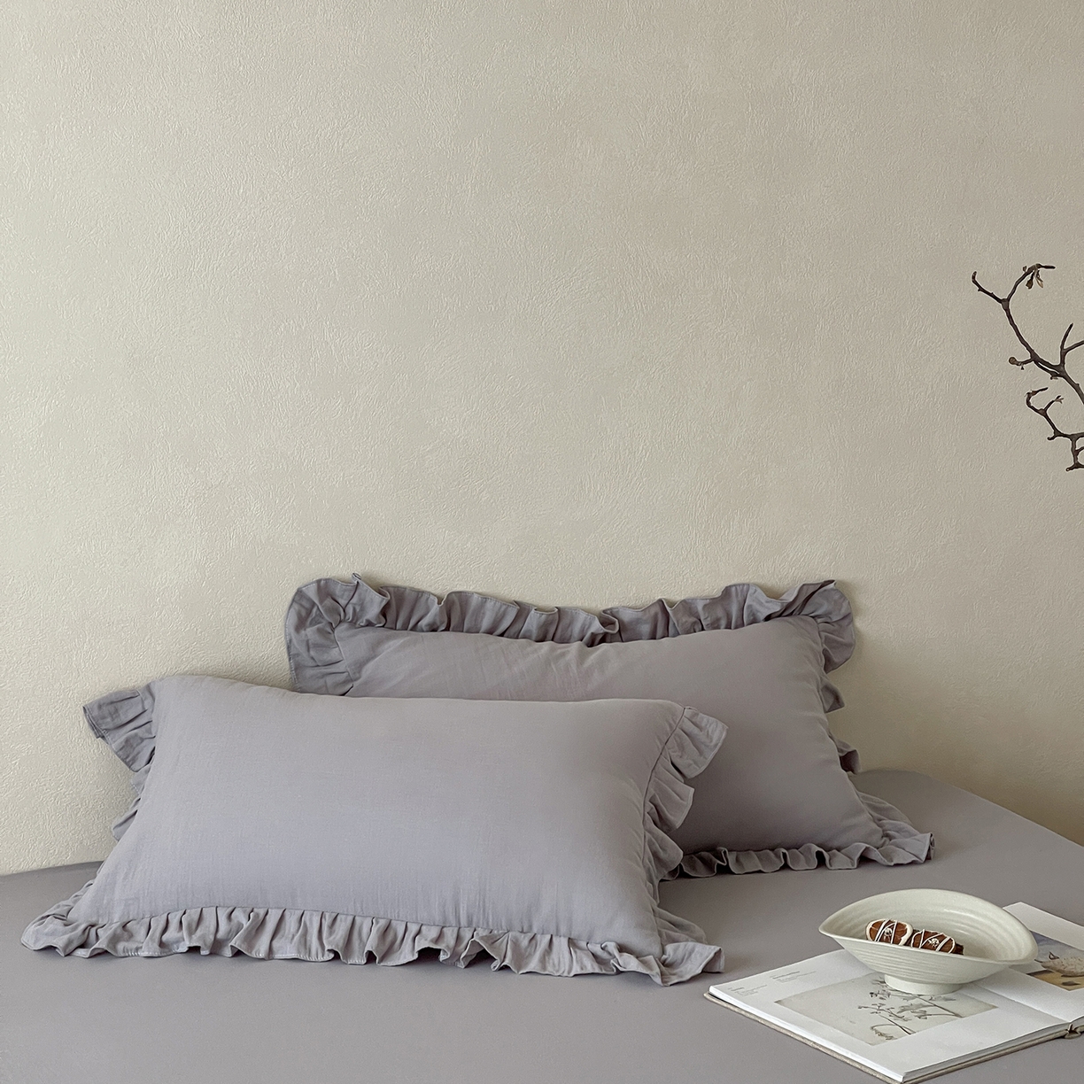 三味舒屋 2025新款花边美学全棉双层纱单品单枕套 浅花灰