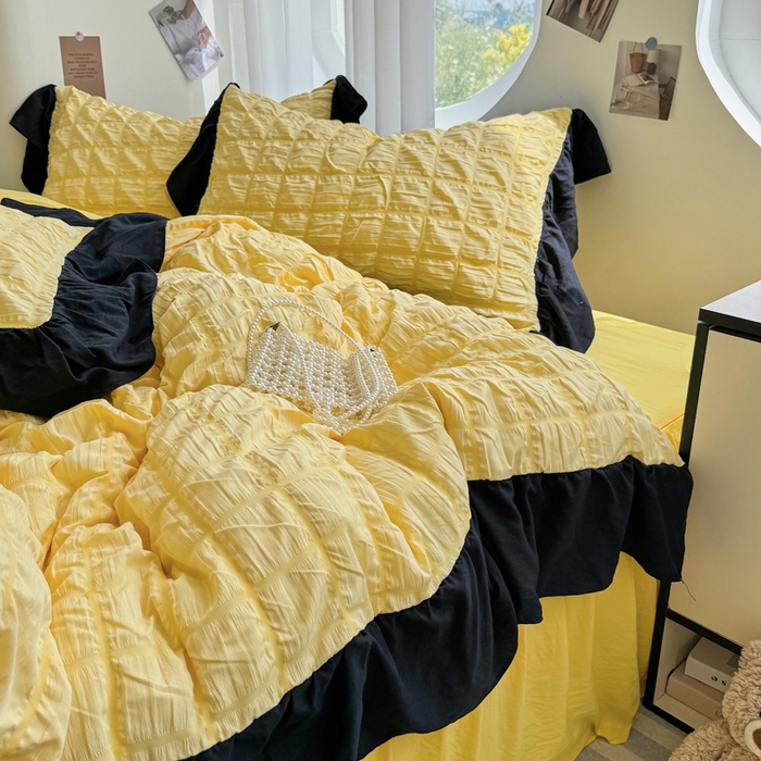 91家纺网 家纺一手货源 找家纺 优卡迪家纺馆 2025新款亲肤舒适A类法式泡泡纱花边款四件套 魔芋橙汁