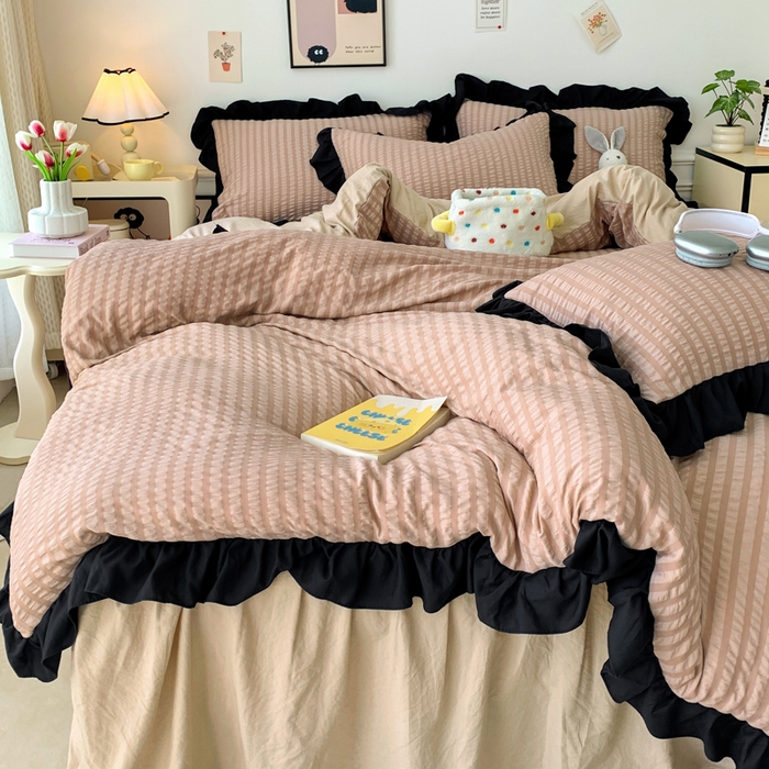 91家纺网 家纺一手货源 找家纺 优卡迪家纺馆 2025新款亲肤舒适A类法式泡泡纱花边款四件套 生椰拿铁