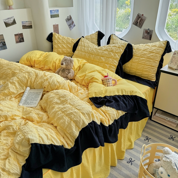 91家纺网 家纺一手货源 找家纺 优卡迪家纺馆 2025新款亲肤舒适A类法式泡泡纱花边款四件套 魔芋橙汁