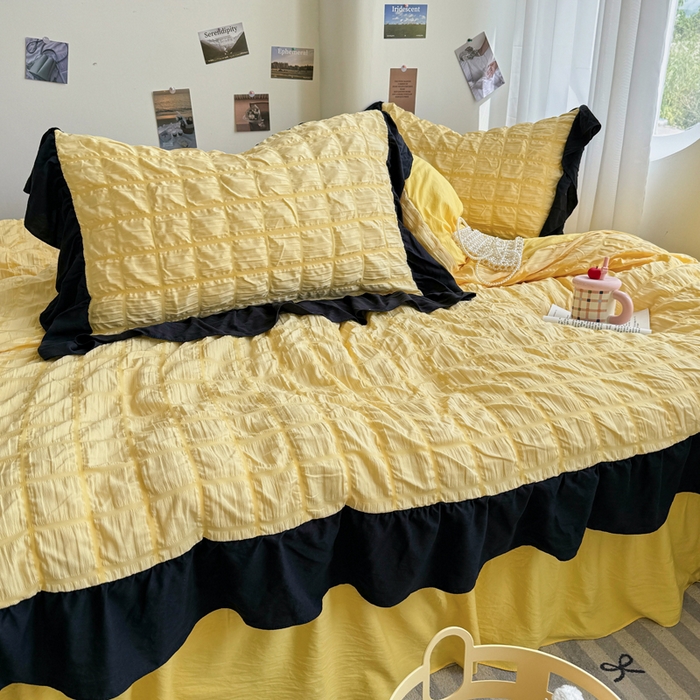 91家纺网 家纺一手货源 找家纺 优卡迪家纺馆 2025新款亲肤舒适A类法式泡泡纱花边款四件套 魔芋橙汁