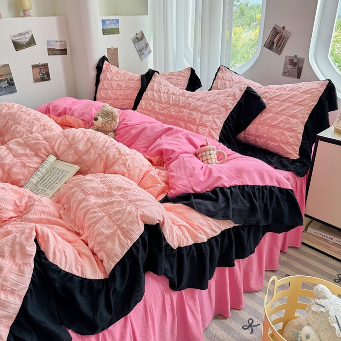 91家纺网 家纺一手货源 找家纺 优卡迪家纺馆 2025新款亲肤舒适A类法式泡泡纱花边款四件套 奶油蜜桃