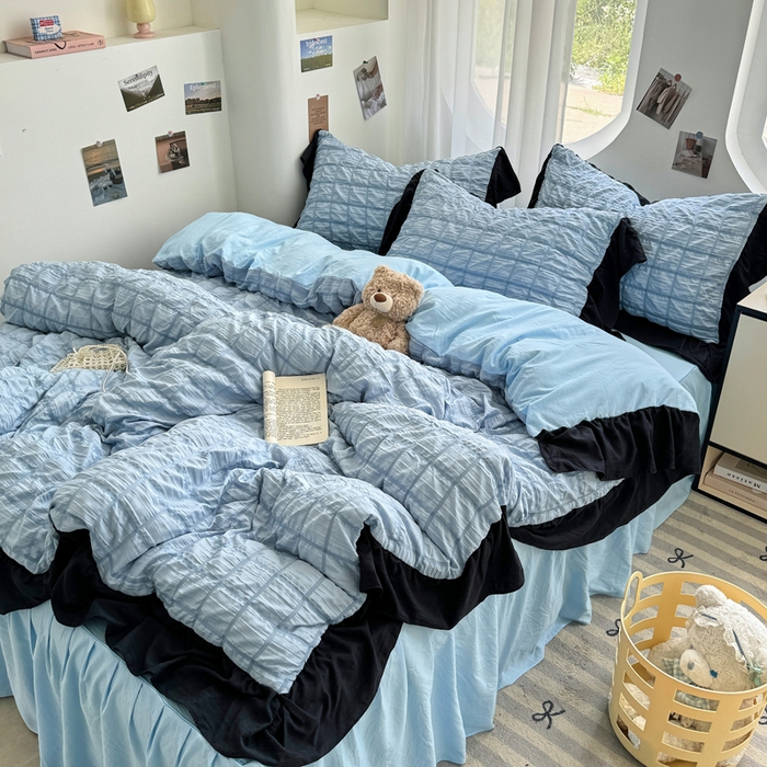 91家纺网 家纺一手货源 找家纺 优卡迪家纺馆 2025新款亲肤舒适A类法式泡泡纱花边款四件套 蓝莓仙草