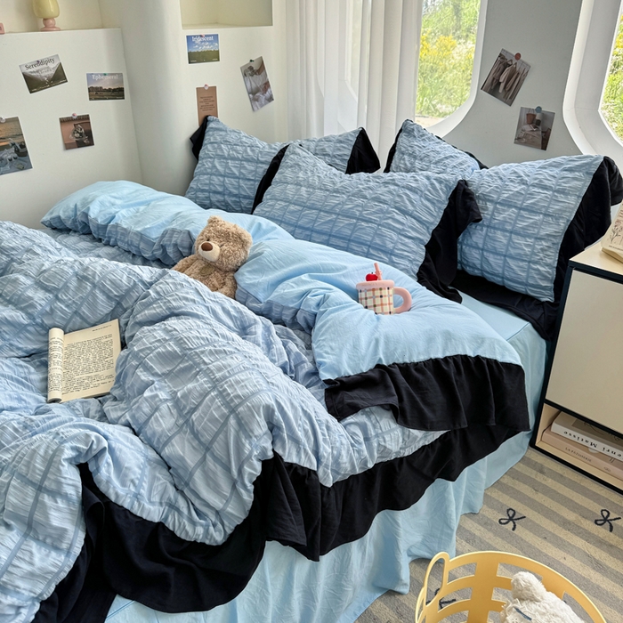 91家纺网 家纺一手货源 找家纺 优卡迪家纺馆 2025新款亲肤舒适A类法式泡泡纱花边款四件套 蓝莓仙草