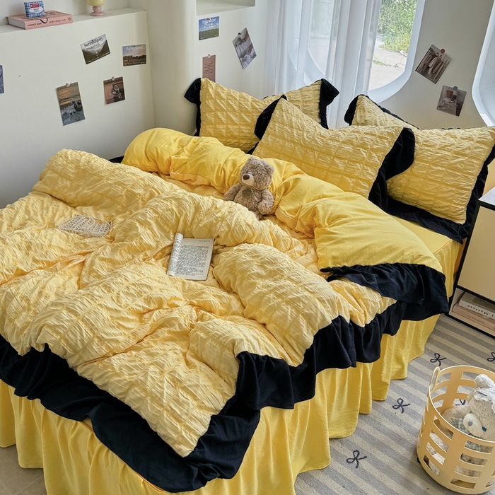 91家纺网 家纺一手货源 找家纺 优卡迪家纺馆 2025新款亲肤舒适A类法式泡泡纱花边款四件套 魔芋橙汁