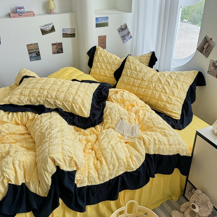 91家纺网 家纺一手货源 找家纺 优卡迪家纺馆 2025新款亲肤舒适A类法式泡泡纱花边款四件套 魔芋橙汁