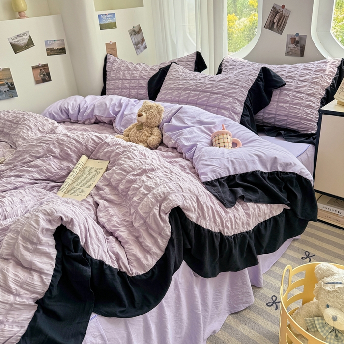 91家纺网 家纺一手货源 找家纺 优卡迪家纺馆 2025新款亲肤舒适A类法式泡泡纱花边款四件套 香芋紫薯