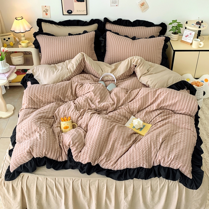 91家纺网 家纺一手货源 找家纺 优卡迪家纺馆 2025新款亲肤舒适A类法式泡泡纱花边款四件套 生椰拿铁