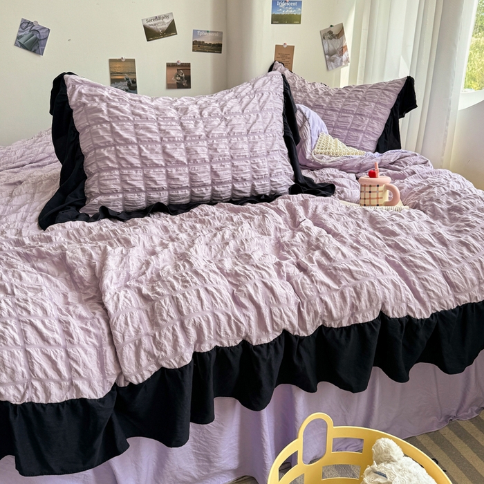 91家纺网 家纺一手货源 找家纺 优卡迪家纺馆 2025新款亲肤舒适A类法式泡泡纱花边款四件套 香芋紫薯