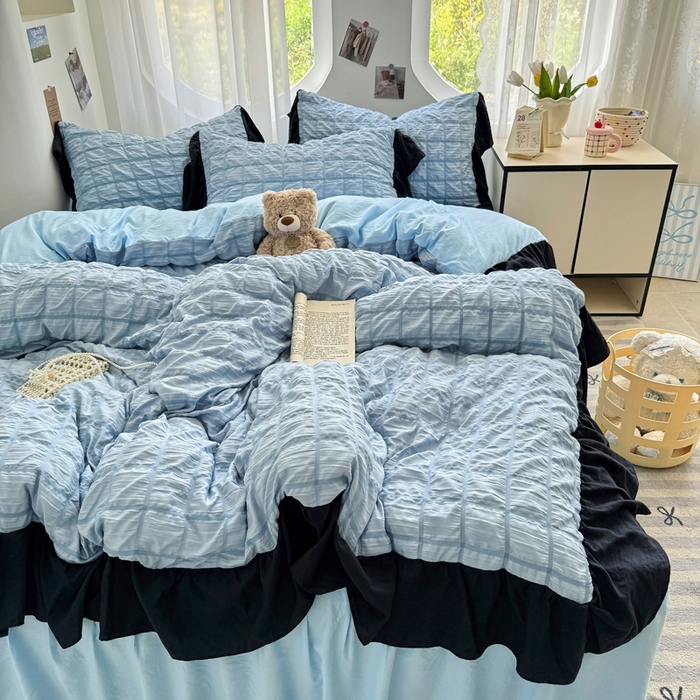 91家纺网 家纺一手货源 找家纺 优卡迪家纺馆 2025新款亲肤舒适A类法式泡泡纱花边款四件套 蓝莓仙草