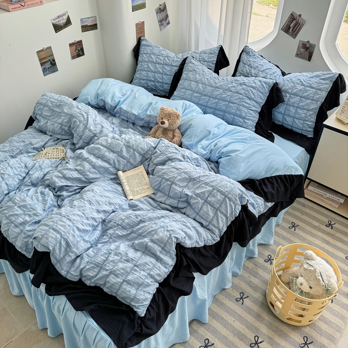 91家纺网 家纺一手货源 找家纺 优卡迪家纺馆 2025新款亲肤舒适A类法式泡泡纱花边款四件套 蓝莓仙草