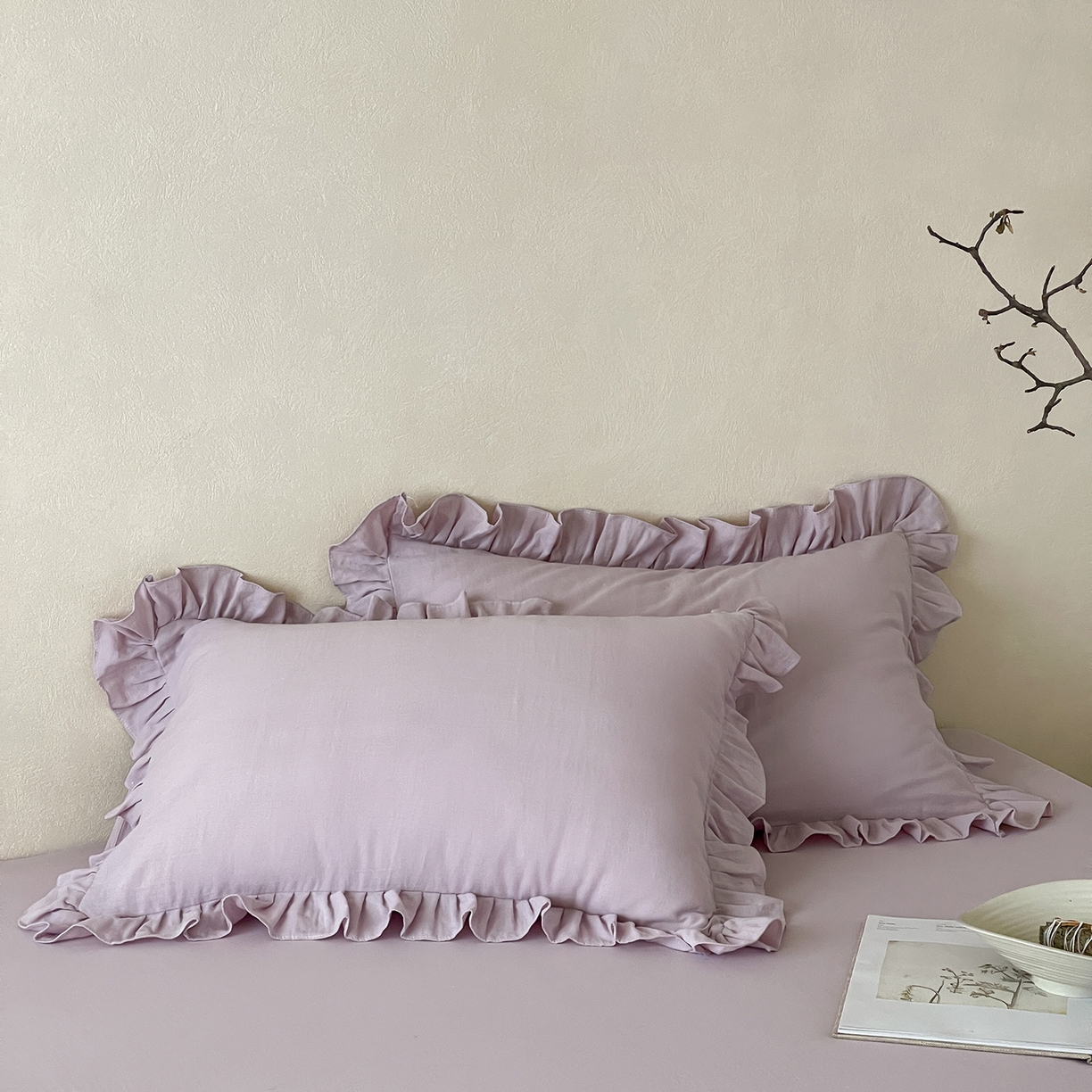 三味舒屋 2025新款花边美学全棉双层纱单品单枕套 香芋奶昔