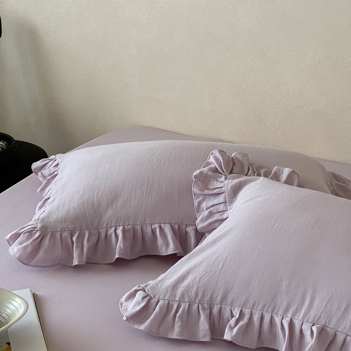 91家纺网 家纺一手货源 找家纺 三味舒屋 2025新款花边美学全棉双层纱单品单枕套 香芋奶昔