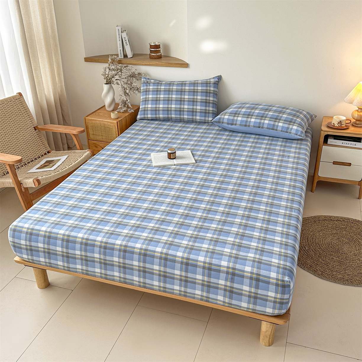 91家纺网 家纺一手货源 找家纺 盛秋家纺 2025新款A类水洗棉格子印花床笠单品床笠单件单床笠 简约