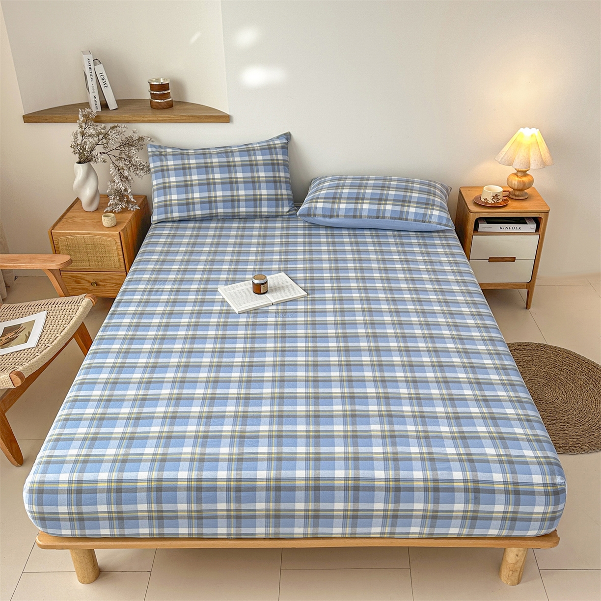 91家纺网 家纺一手货源 找家纺 盛秋家纺 2025新款A类水洗棉格子印花床笠单品床笠单件单床笠 简约