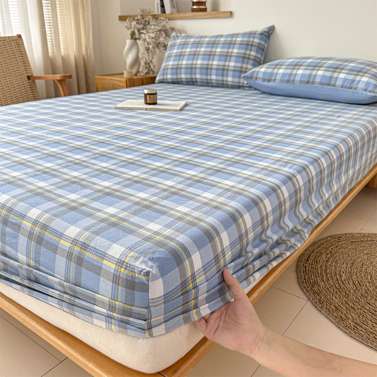 91家纺网 家纺一手货源 找家纺 盛秋家纺 2025新款A类水洗棉格子印花床笠单品床笠单件单床笠 简约