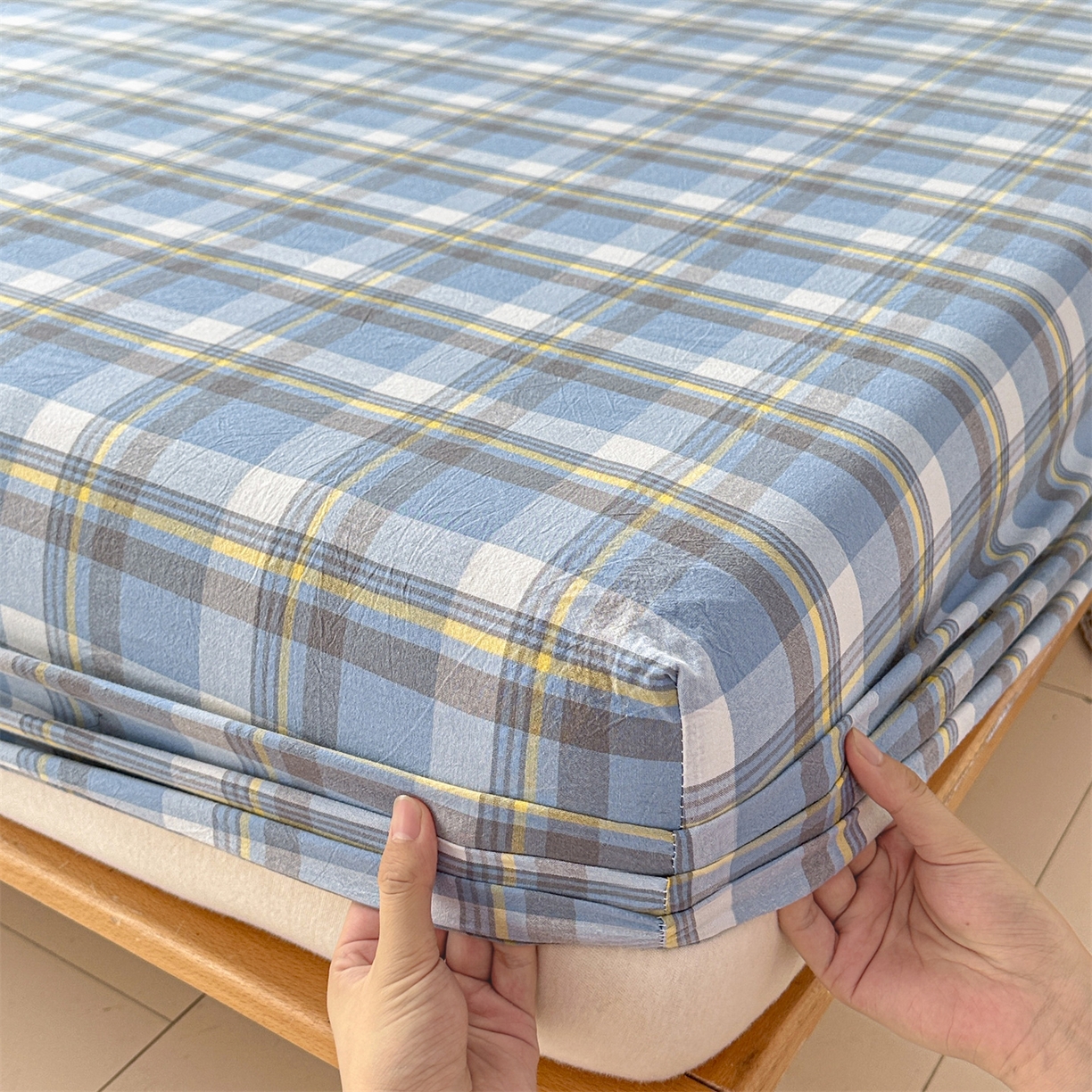 91家纺网 家纺一手货源 找家纺 盛秋家纺 2025新款A类水洗棉格子印花床笠单品床笠单件单床笠 简约