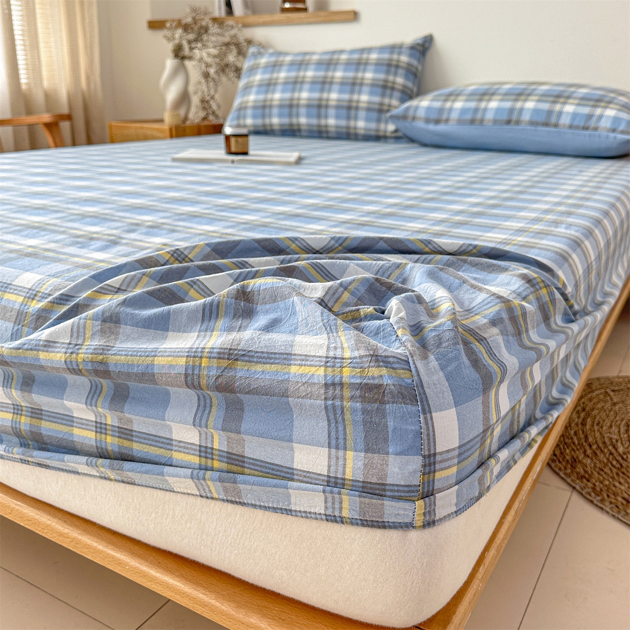 91家纺网 家纺一手货源 找家纺 盛秋家纺 2025新款A类水洗棉格子印花床笠单品床笠单件单床笠 简约