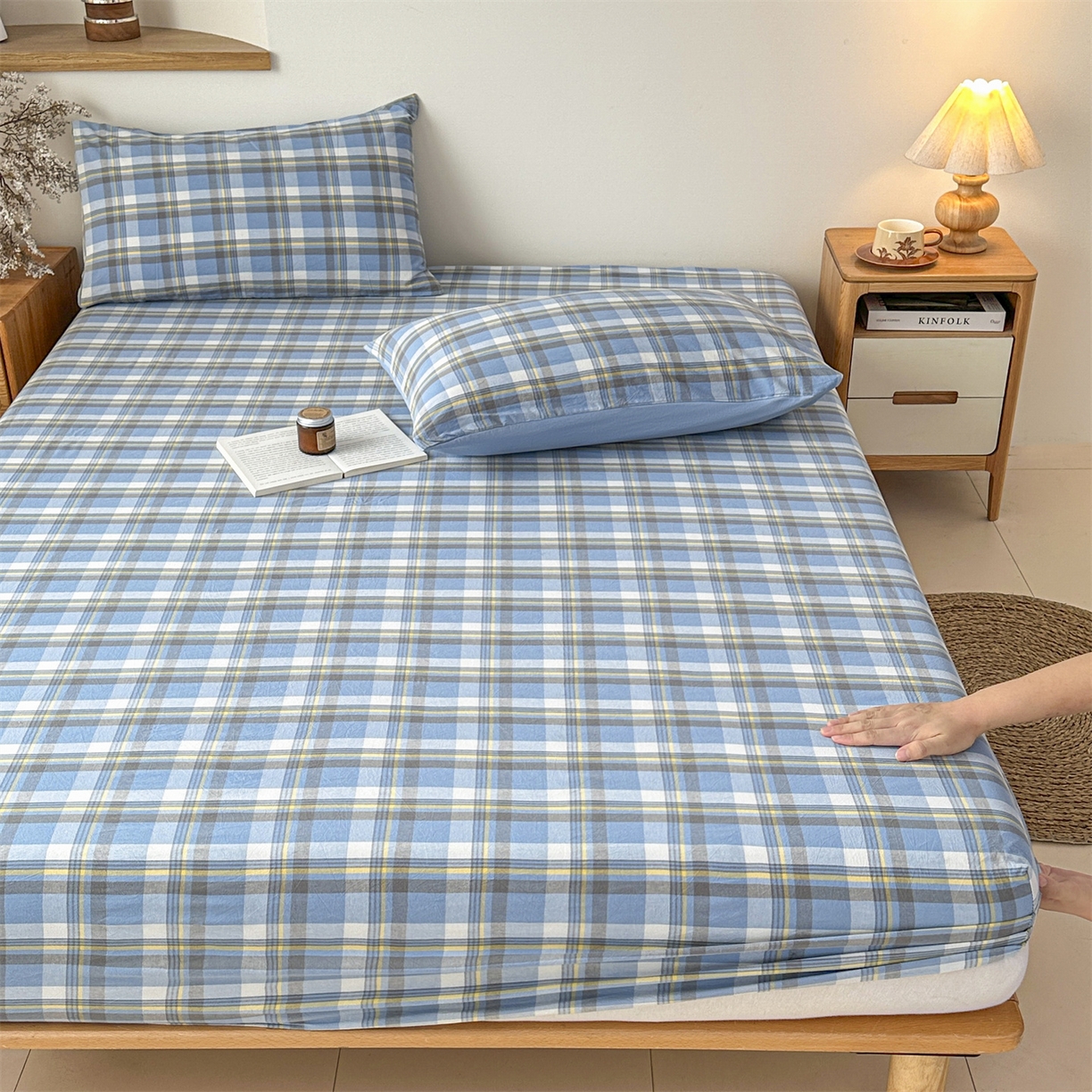 91家纺网 家纺一手货源 找家纺 盛秋家纺 2025新款A类水洗棉格子印花床笠单品床笠单件单床笠 简约