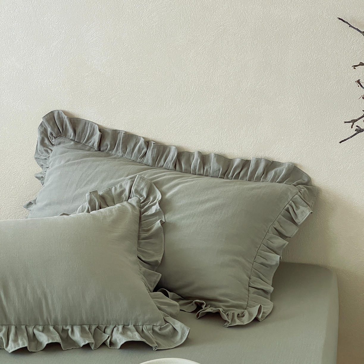 91家纺网 家纺一手货源 找家纺 三味舒屋 2025新款花边美学全棉双层纱单品单枕套 烟波绿