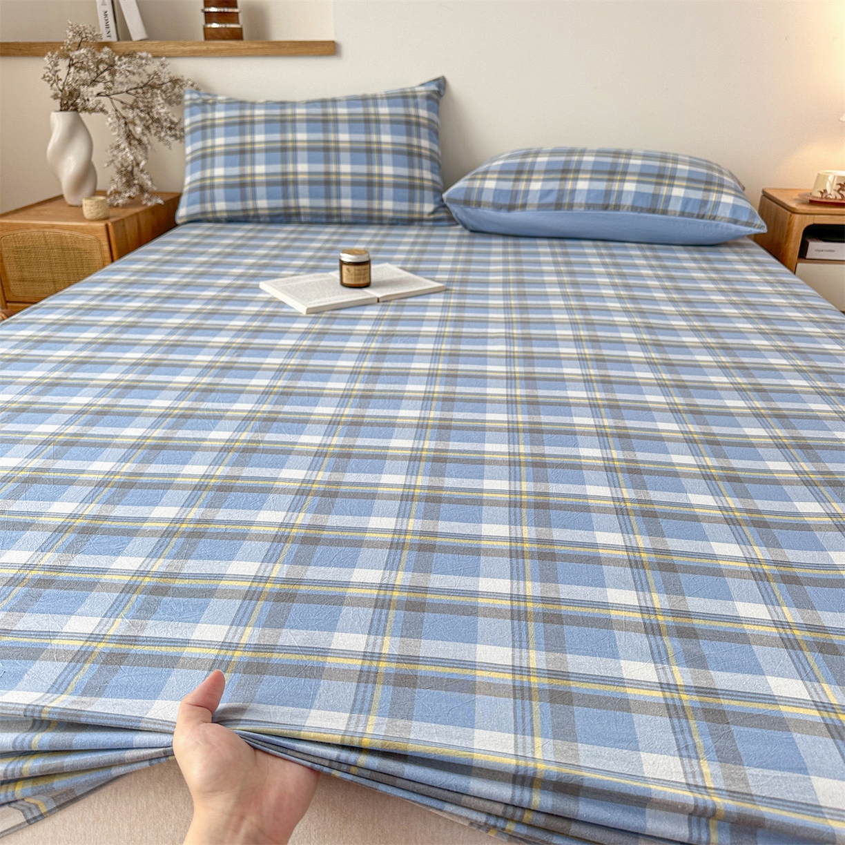 91家纺网 家纺一手货源 找家纺 盛秋家纺 2025新款A类水洗棉格子印花床笠单品床笠单件单床笠 简约