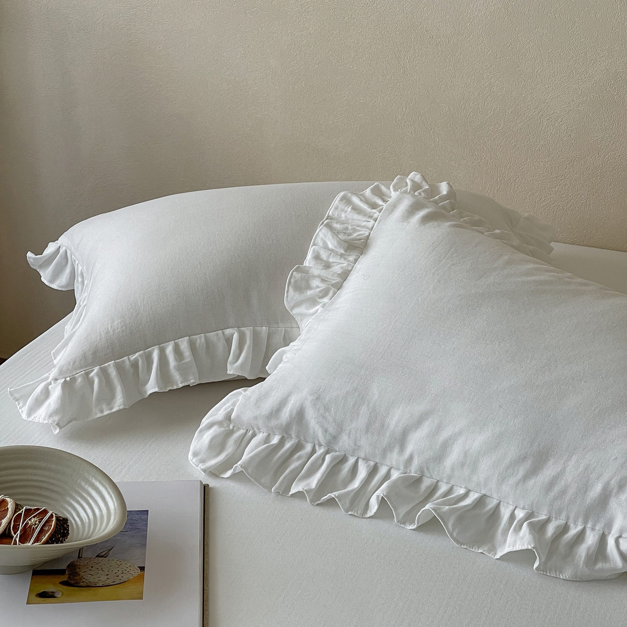 91家纺网 家纺一手货源 找家纺 三味舒屋 2025新款花边美学全棉双层纱单品单枕套 云舒白