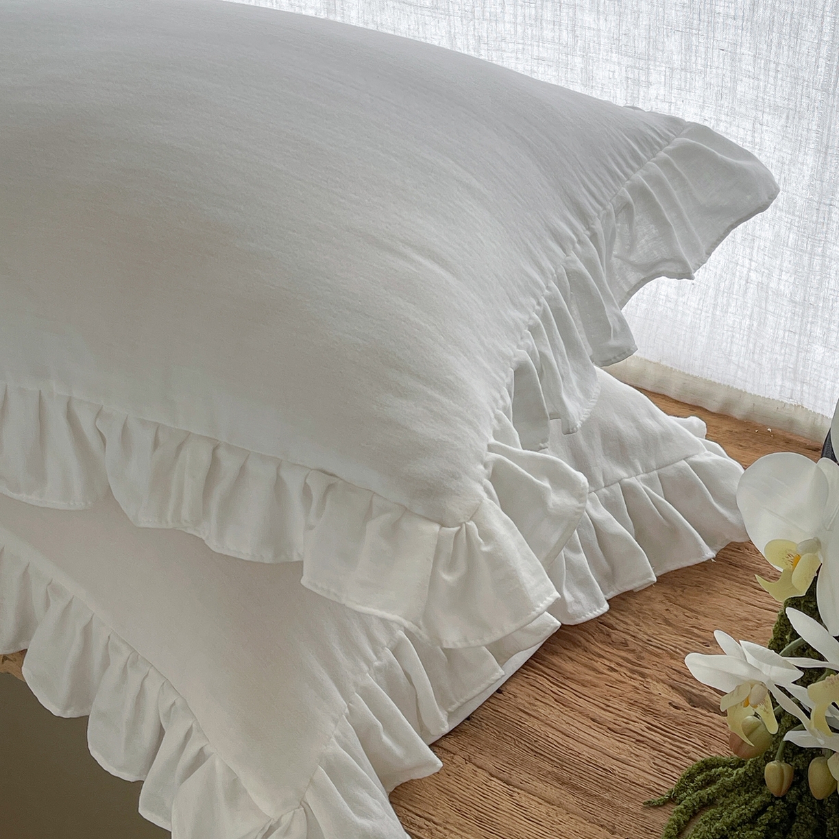 91家纺网 家纺一手货源 找家纺 三味舒屋 2025新款花边美学全棉双层纱单品单枕套 云舒白