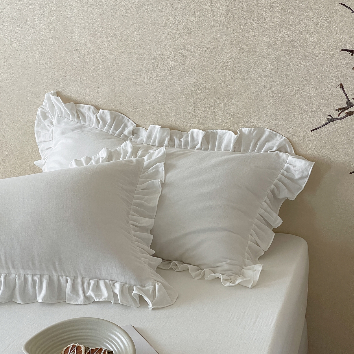 91家纺网 家纺一手货源 找家纺 三味舒屋 2025新款花边美学全棉双层纱单品单枕套 云舒白